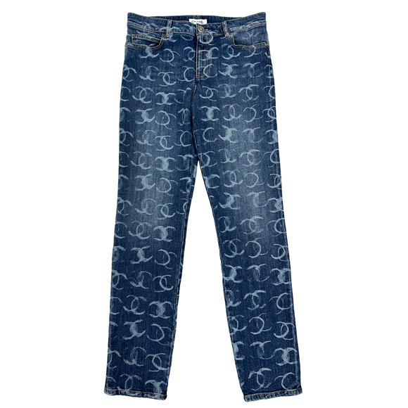 Chanel 23B Runway Dark Blue Denim White CC Printed Logo Sequin Skinny Jeans 42 - Picture 1 of 12
